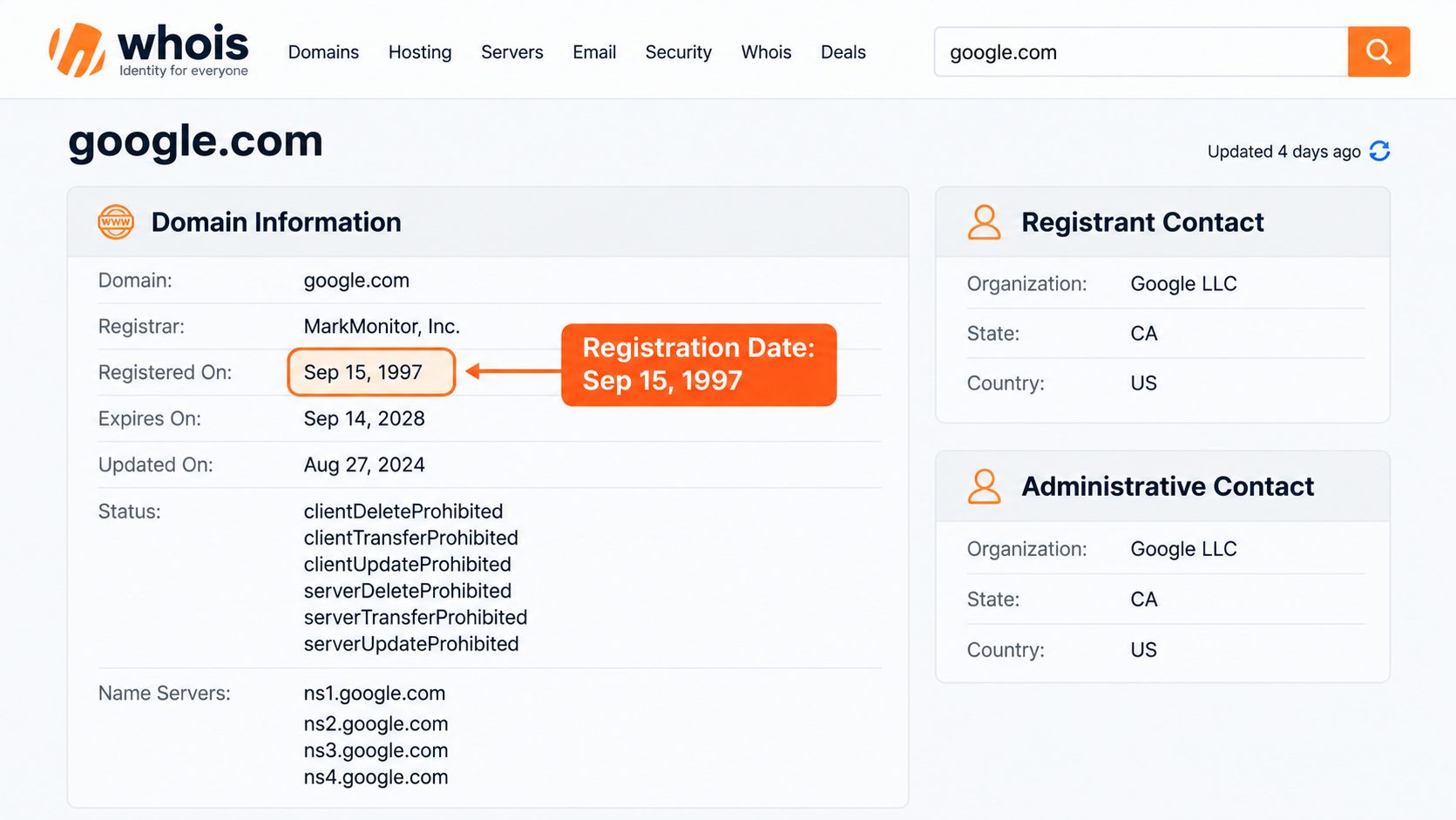 A WHOIS lookup showing a domain's original registration date