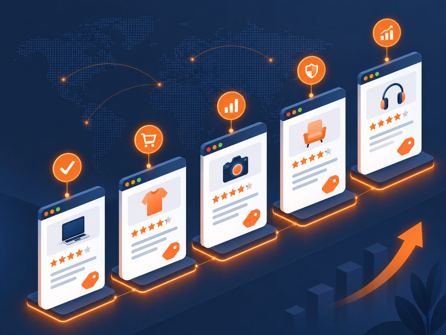 Five product listings with star ratings rising in sequence, marked with verification, ecommerce and analytics icons above a growth arrow