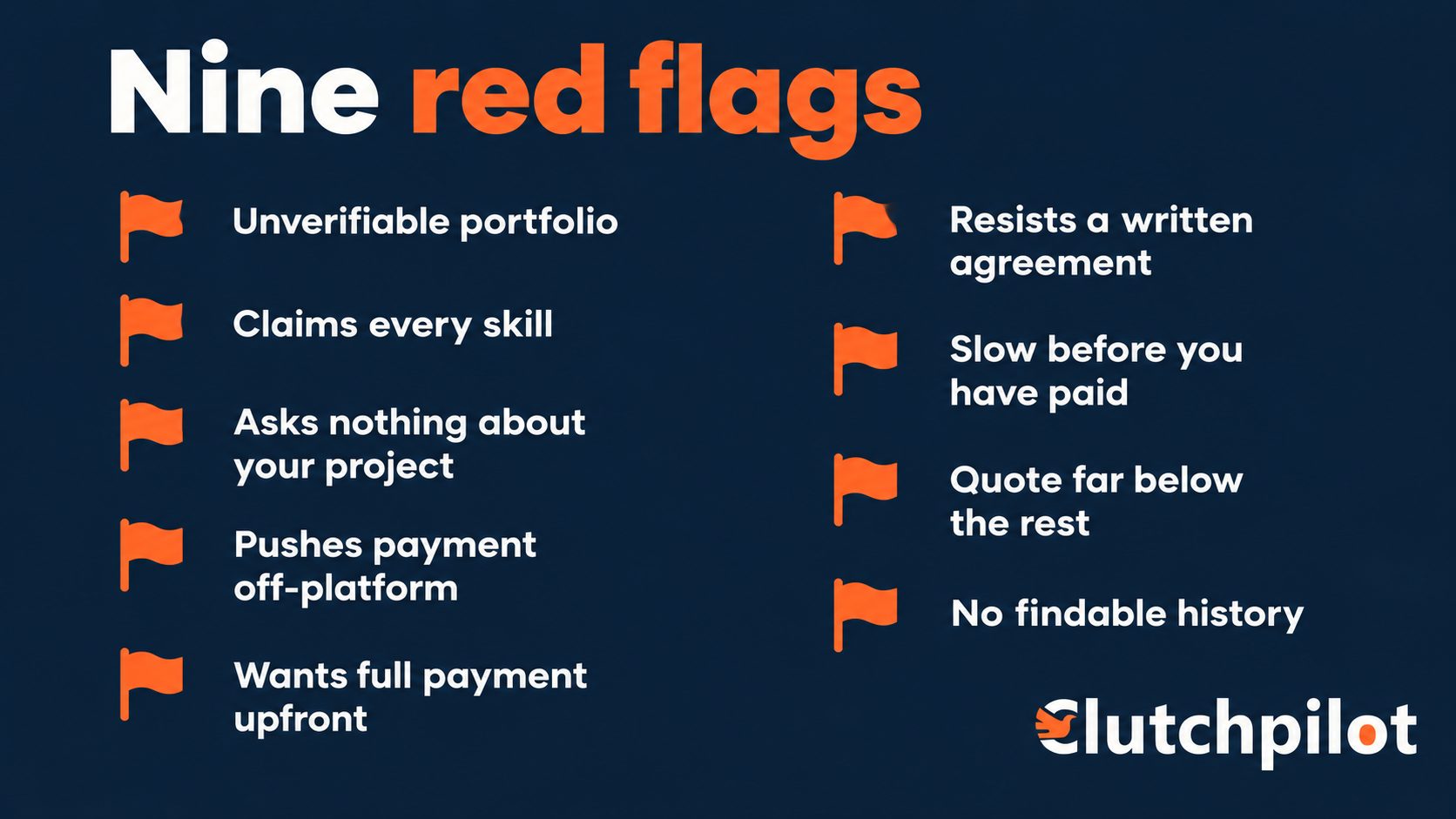 Summary card listing nine red flags when hiring a freelancer, from an unverifiable portfolio to no findable work his